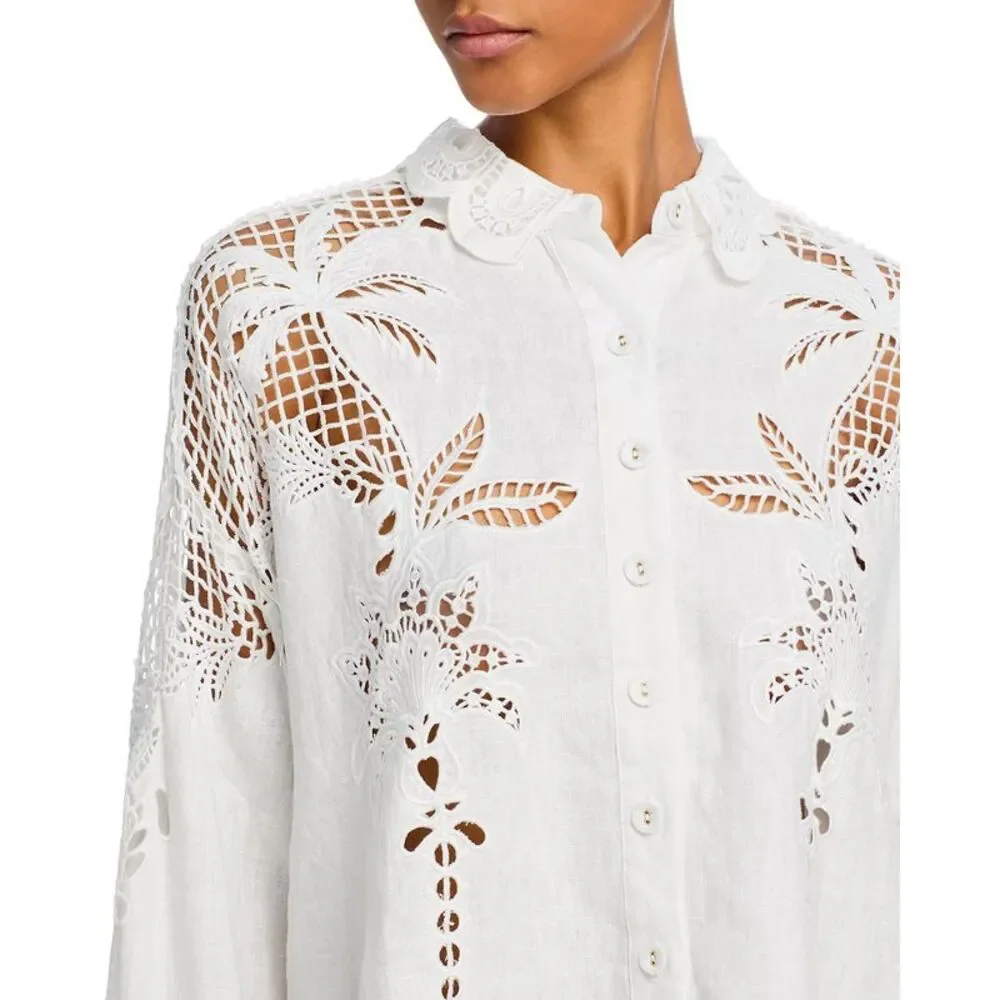 Farm Rio Womens Palms Richelieu Long Sleeve Shirt Small Off White - NWT $248 - Picture 5 of 7